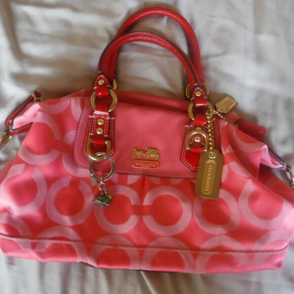 Coach Handbags - Coach Pink Purse Vintage Pink Fabric Red Handles Rare